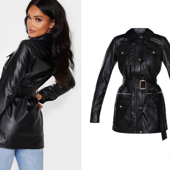 Black PU Belted Utility Jacket - Picture 3 of 3